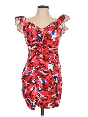 NWT L'ATISTE Red Floral Ruched Mini Dress with Blue Accents